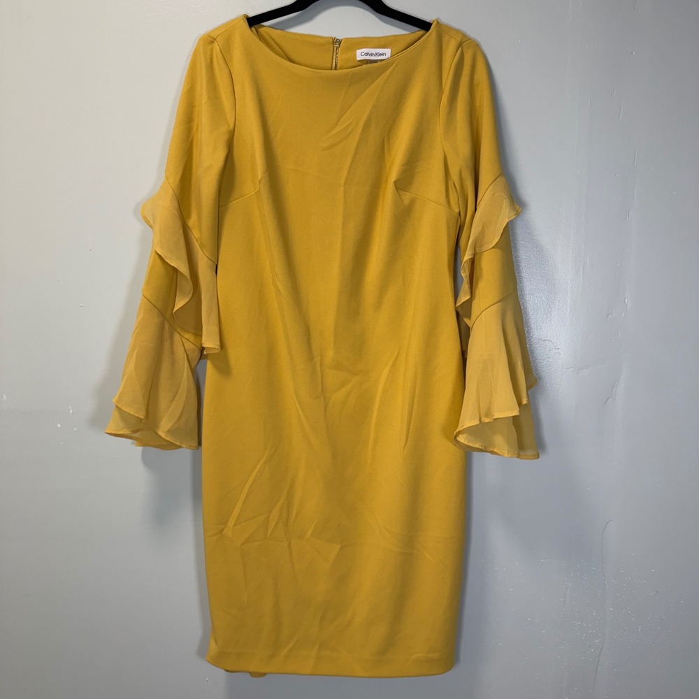Calvin Klein Womens Mustard Yellow Ruffle Bell Sleeve Sheath Dress Size‎ 10